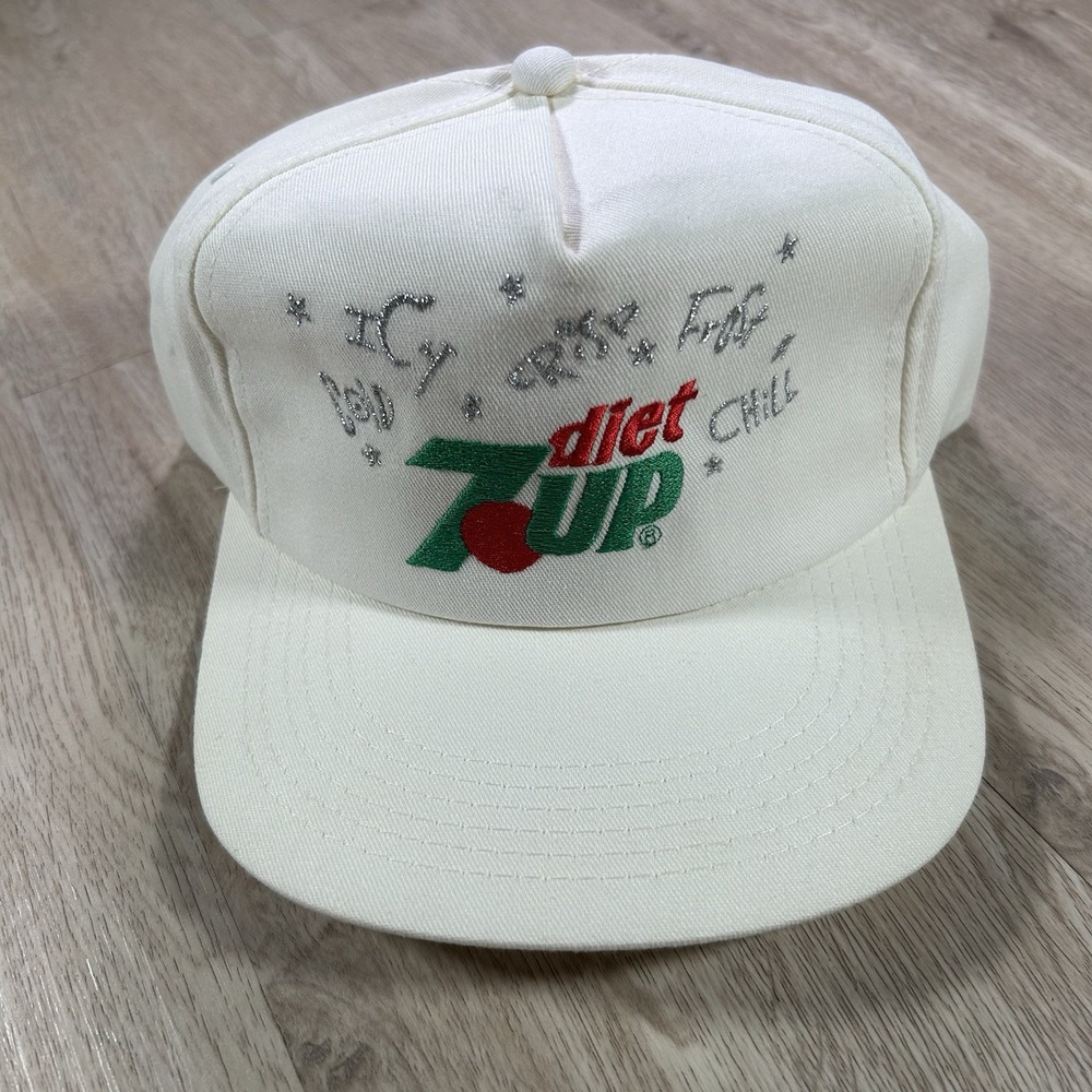 VTG 80s 90s Diet 7UP Snapback Hat Soda K Products White Cap Made in USA